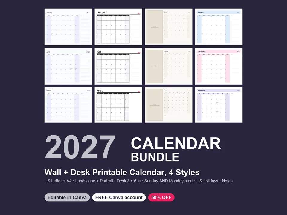 2027 Printable Calendar Bundle: Wall & Desk Canva template preview