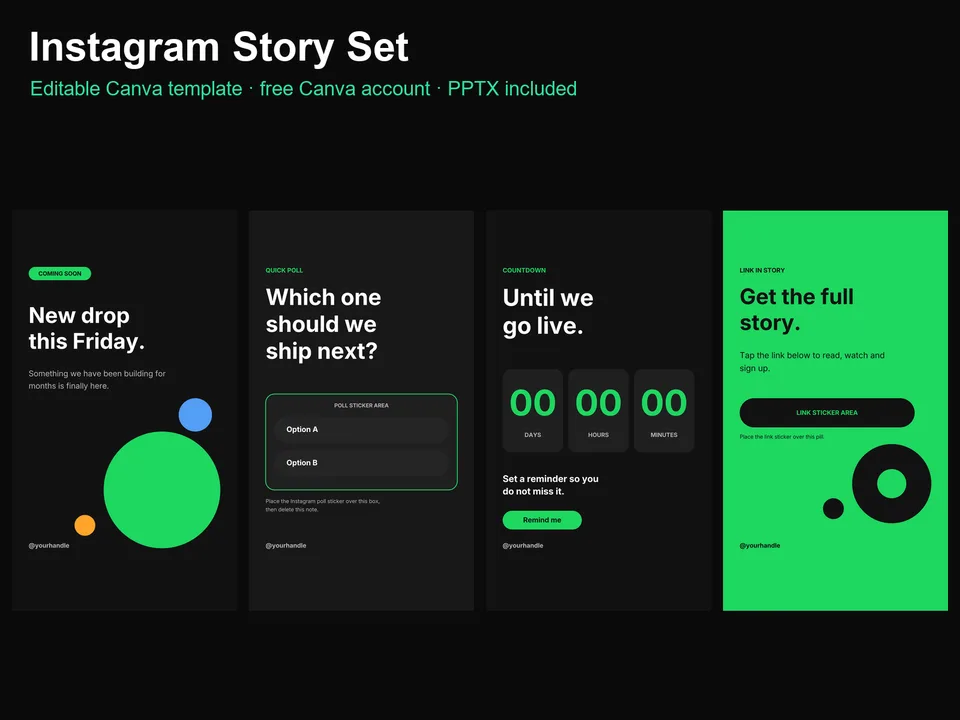 Instagram Story Set: Announcement, Poll, Countdown Canva template preview