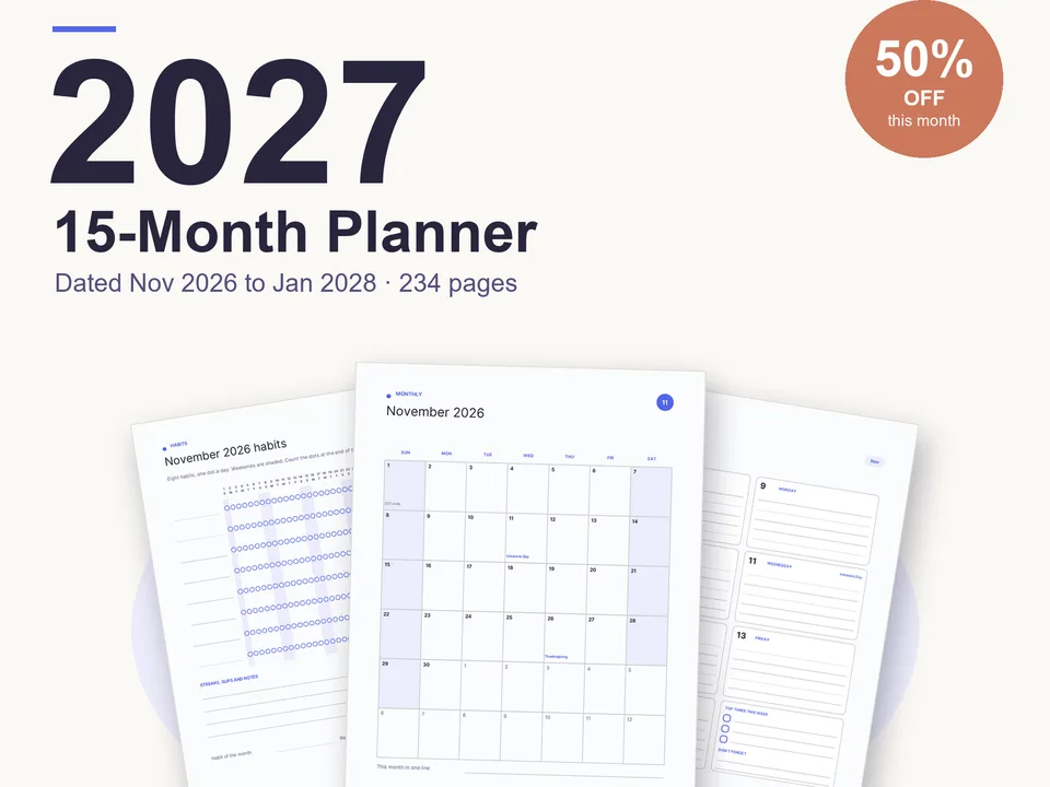 2027 Planner, 15-Month: Nov 2026 to Jan 2028, 200+ Pages Canva template preview
