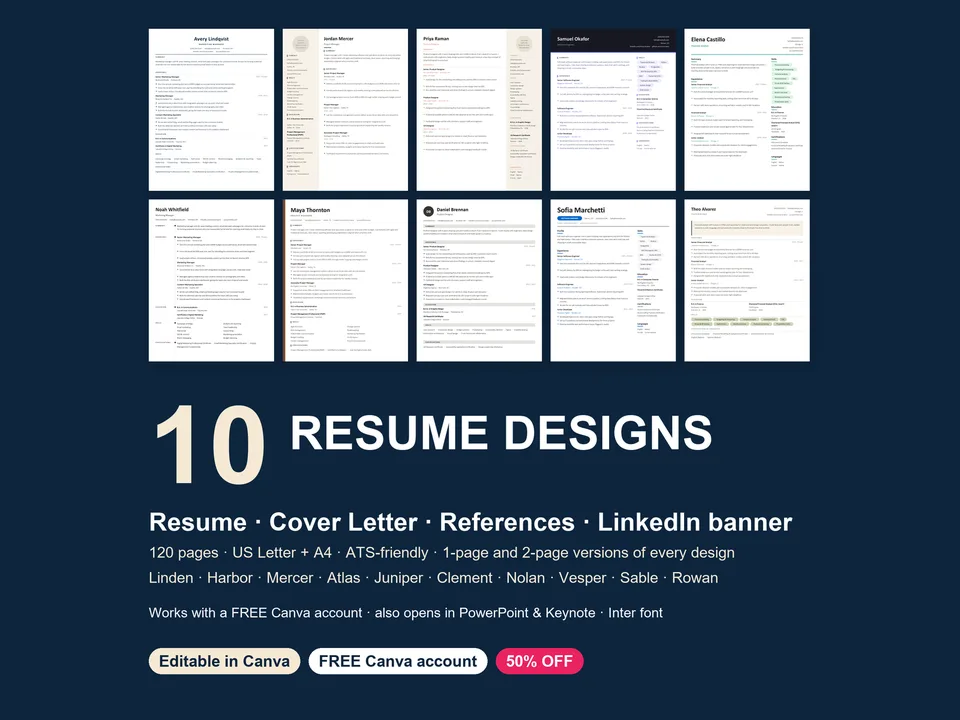 Resume & Cover Letter Bundle: 10 ATS-Friendly Designs Canva template preview