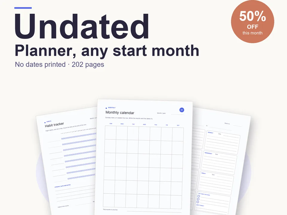 Undated Planner: Start Any Month, 200+ Pages Canva template preview