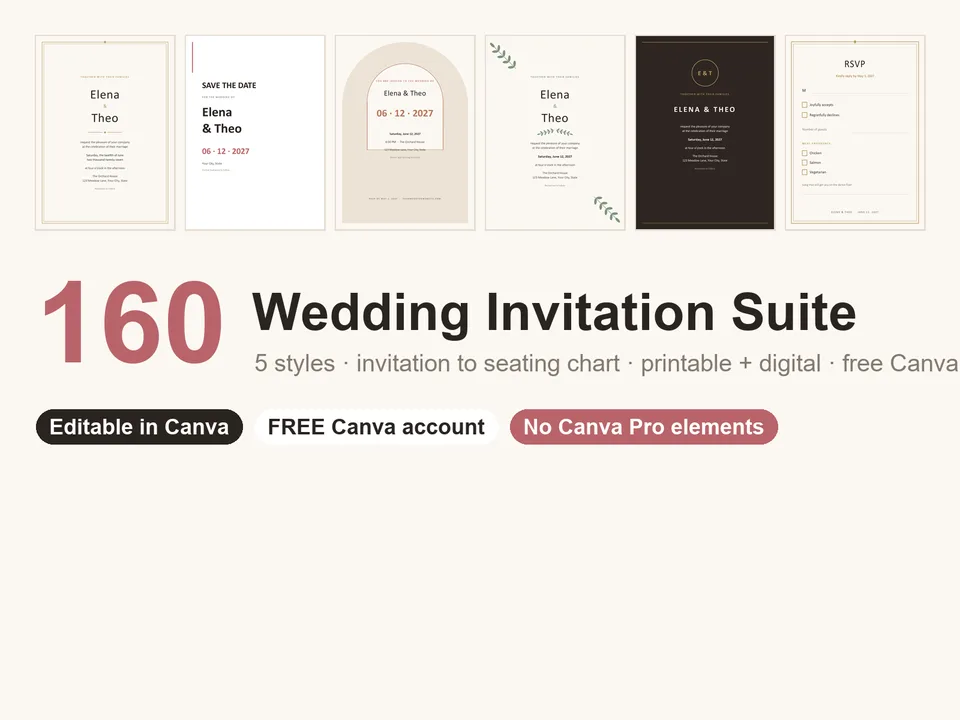 Wedding Invitation Suite: 160 Editable Pieces, 5 Styles Canva template preview
